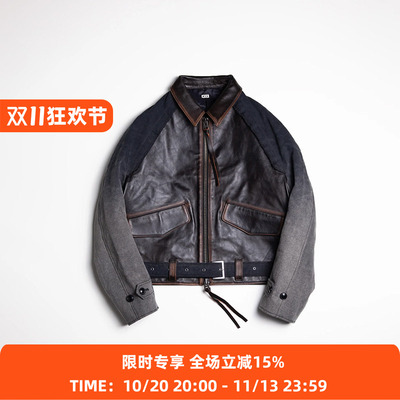 KHOKI Vintage effect leather jacket 复古拼接皮衣