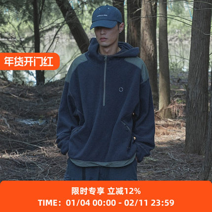 WHEELS and WIND 男女款双面摇粒绒连帽半开套头衫卫衣