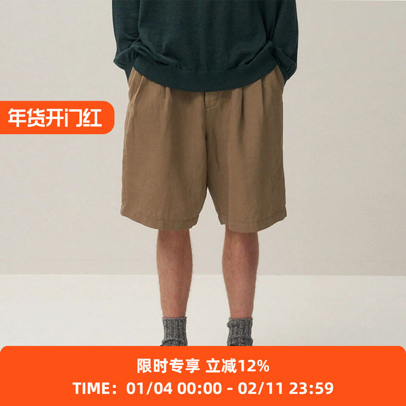 ATON COTTON LINEN VOILE TWO TUCKED 棉麻混纺系带宽松短裤,男装,短裤,淘宝优惠券,粉丝福利购,淘宝优惠卷