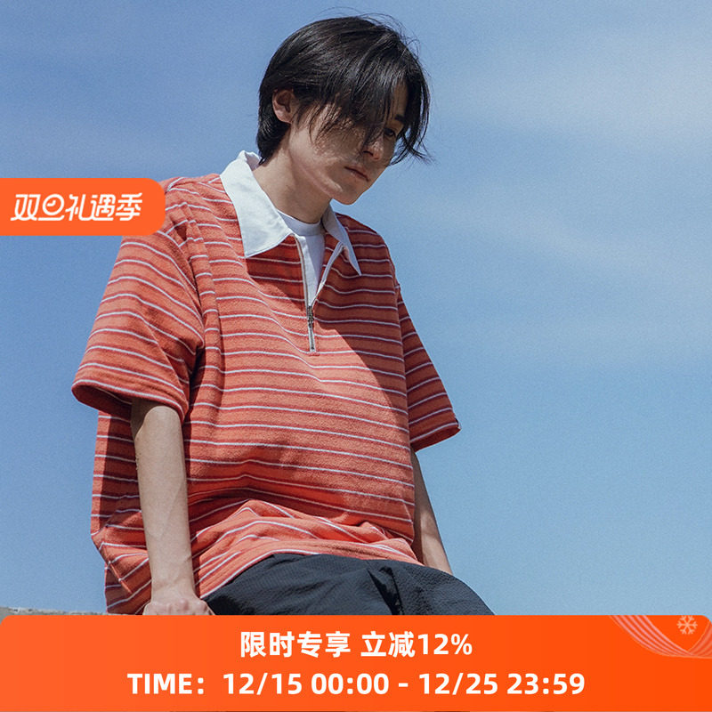 PRIMEE半开拉链条纹短袖POLO衫