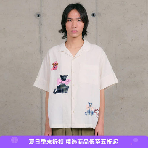 Story mfg GREETINGS SHIRT 男女款手工刺绣拼贴宽松短袖衬衫