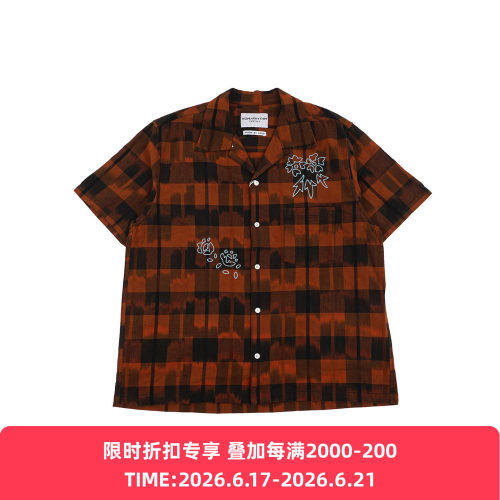 NOMA TEXTILE Ikat Check Flower SS 职人晕染格子刺绣短袖衬衫