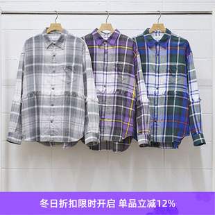 CHECK BIG SHIRT 水洗做旧流苏拼接格子长袖 UNUSED 衬衫 FRINGE