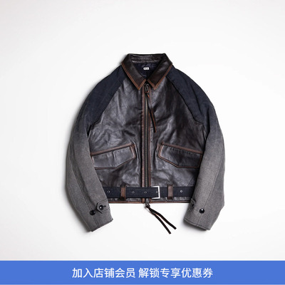 KHOKI Vintage effect leather jacket 复古拼接皮衣