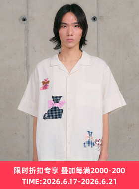 Story mfg GREETINGS SHIRT 男女款手工刺绣拼贴宽松短袖衬衫