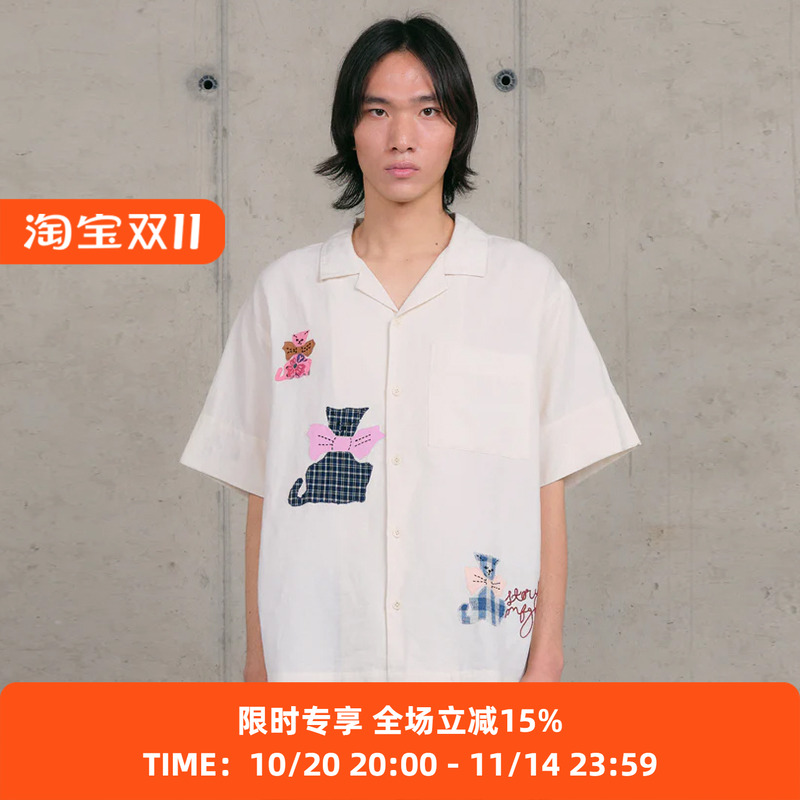 Story mfg GREETINGS SHIRT 男女款手工刺绣拼贴宽松短袖衬衫