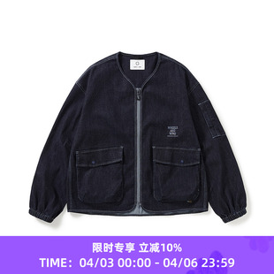 WHEELS WIND 男女中性款 水洗牛仔机能性耐磨宽松无领夹克外套 and