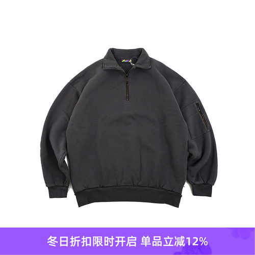 is-ness PIGMENT DYED ZIP 成衣染色宽松廓形半拉链套头卫衣