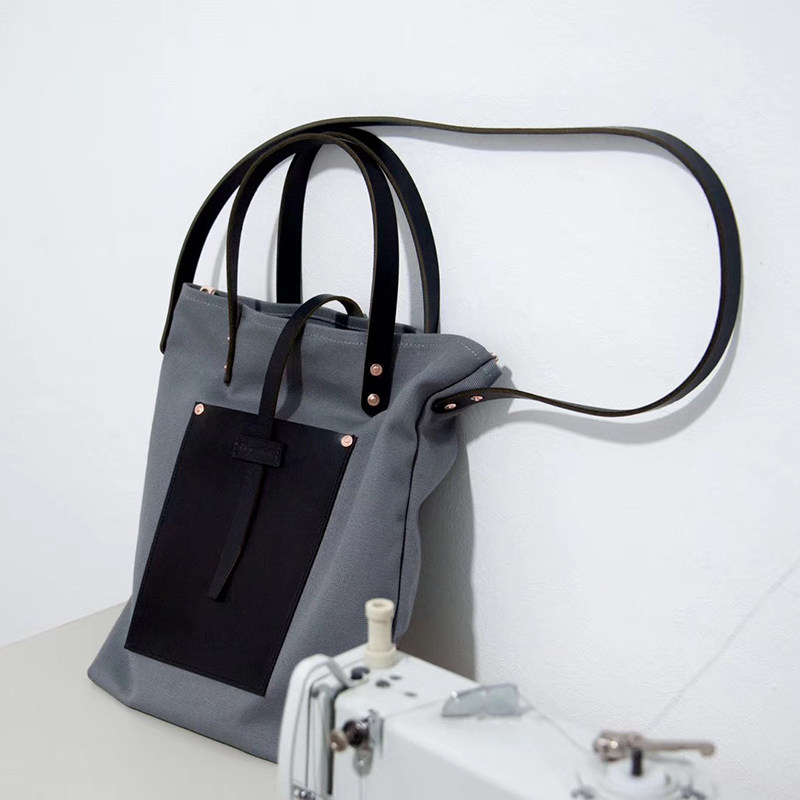 fayestudio原创青年日式小众灰帆布拼黑色牛皮tote托特单肩斜挎包