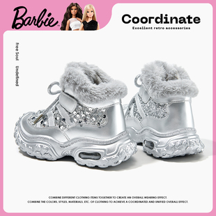 芭比童鞋女童运动鞋2025新款冬季加绒老爹鞋保暖大棉鞋子儿童棉鞋