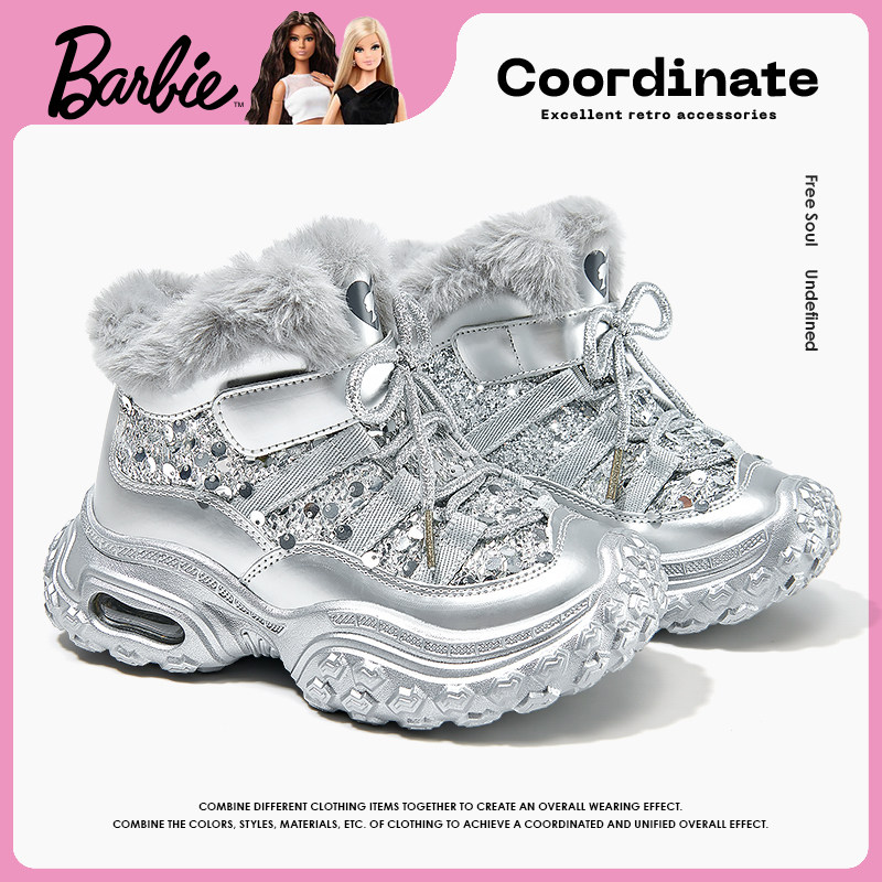 芭比童鞋女童老爹鞋2025新款冬季加绒运动鞋保暖大棉鞋子儿童棉鞋