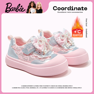 芭比童鞋女童运动鞋2025新款秋冬季小女孩公主鞋加绒棉鞋儿童鞋子