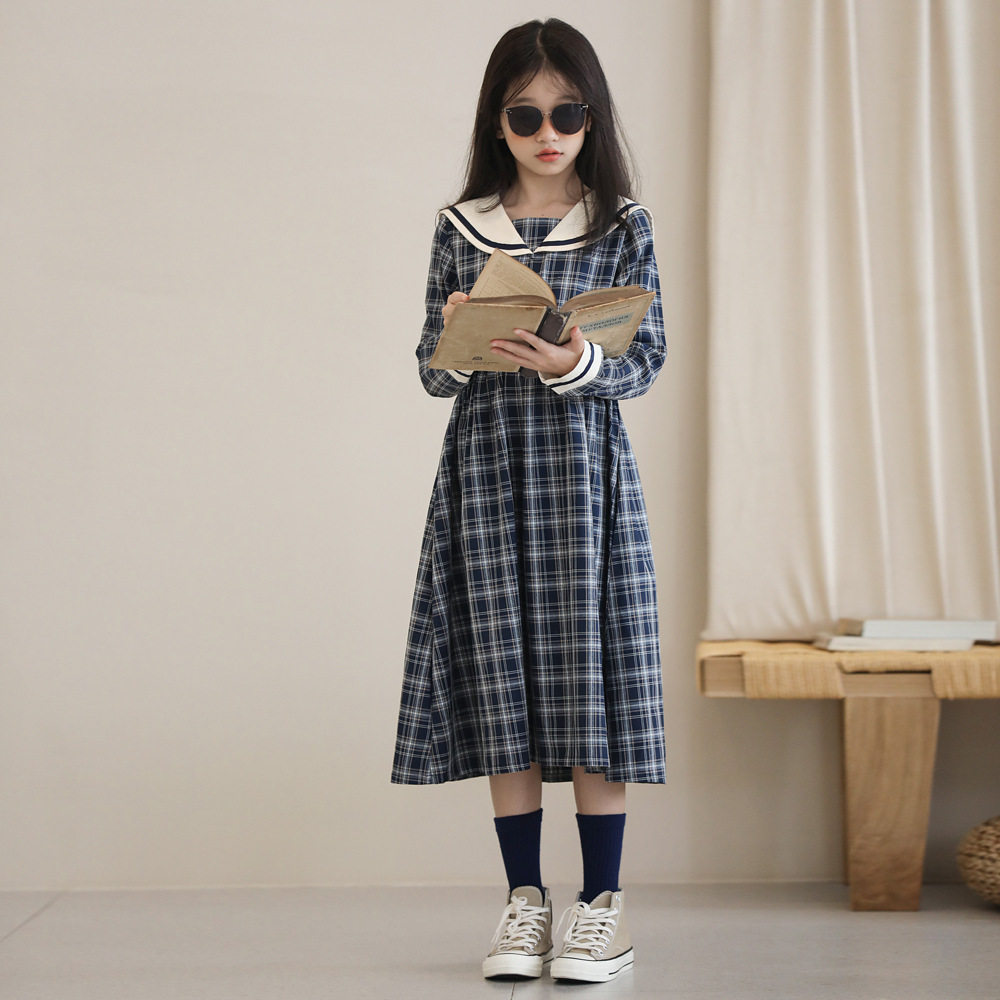 儿童海军风连衣裙春秋女童长袖格子裙2021韩版中长款大童裙子洋气