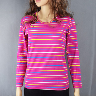 秋衣女款纯棉秋衣单件打底衫条纹莱卡薄款保暖内衣宽松棉毛衫秋冬