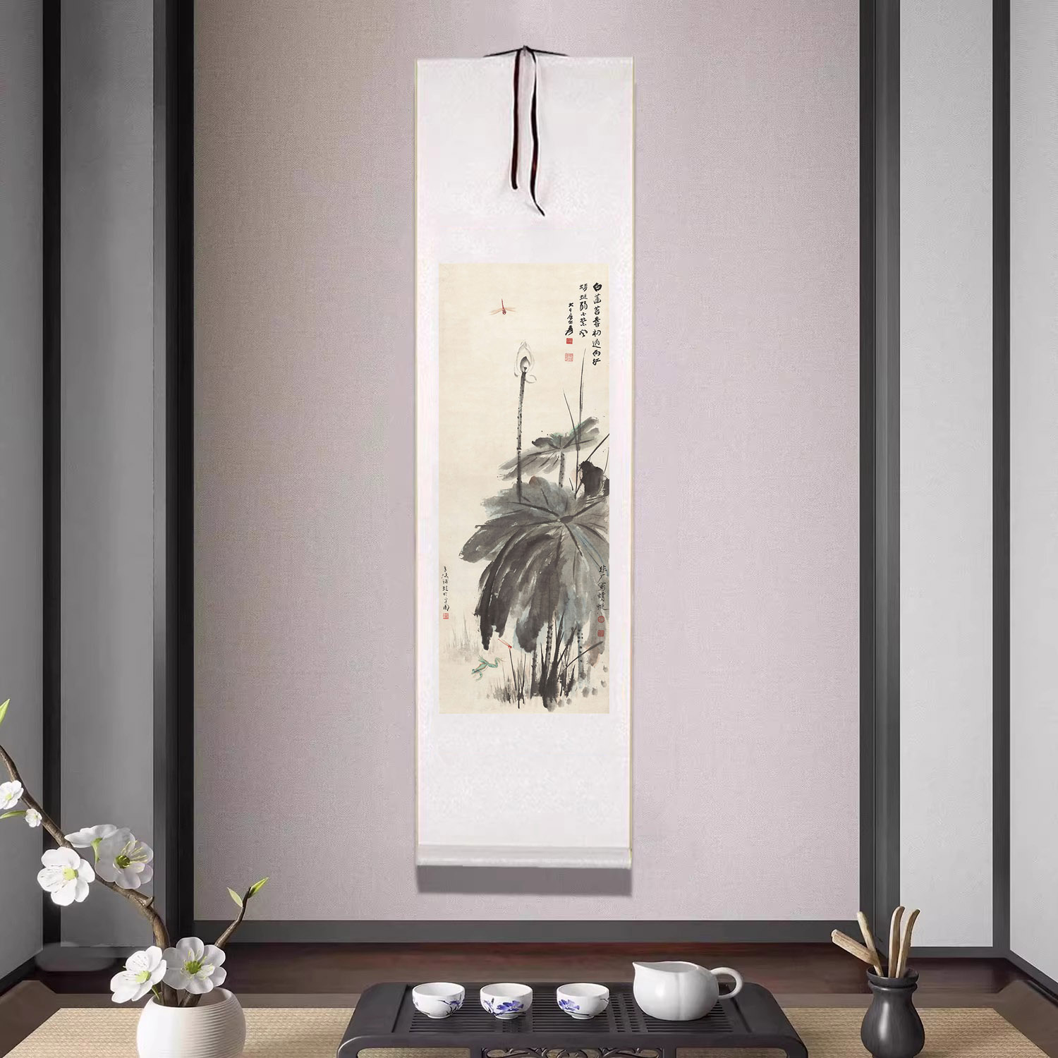 张大千《荷塘清趣图》国画水墨画条幅卷轴字画客厅装饰画书房挂画