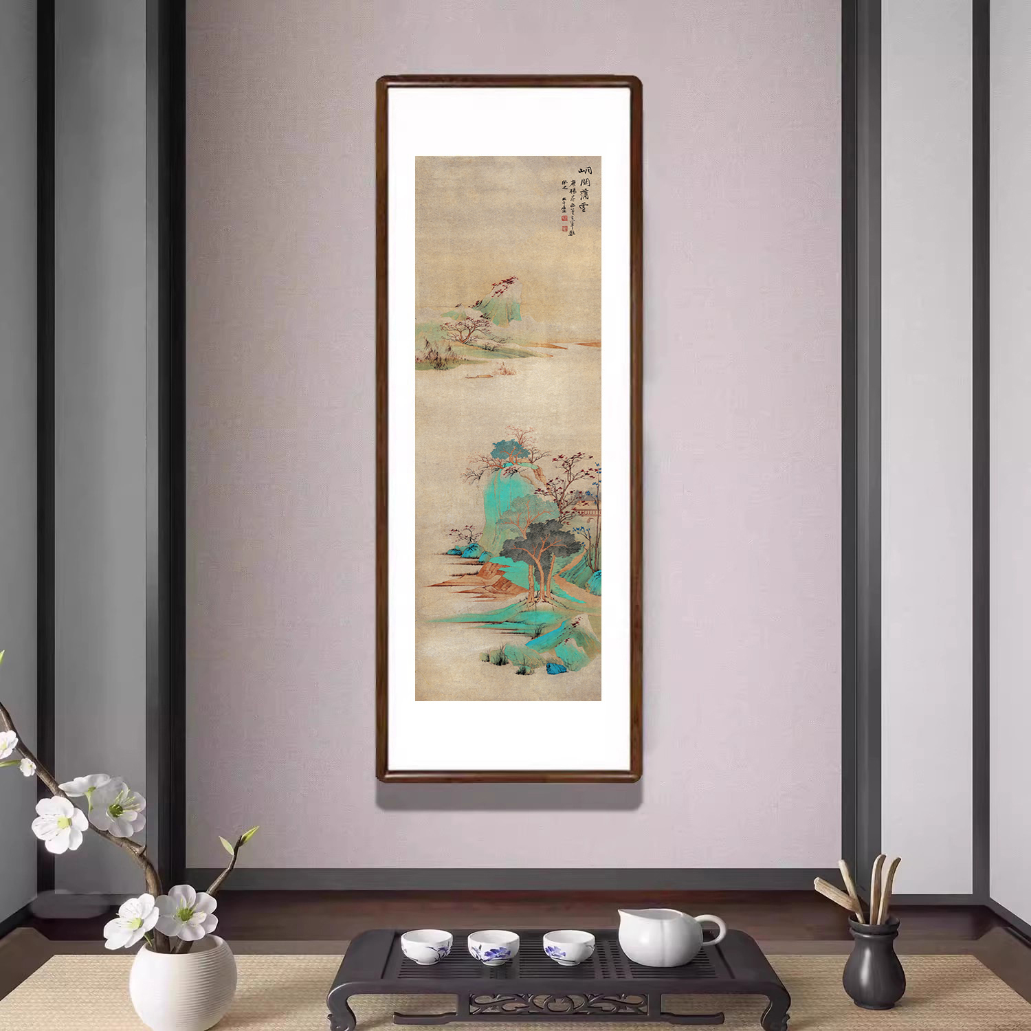 张大千《峒关蒲雪图》竖版山水画已装裱有框客厅装饰画办公室字画