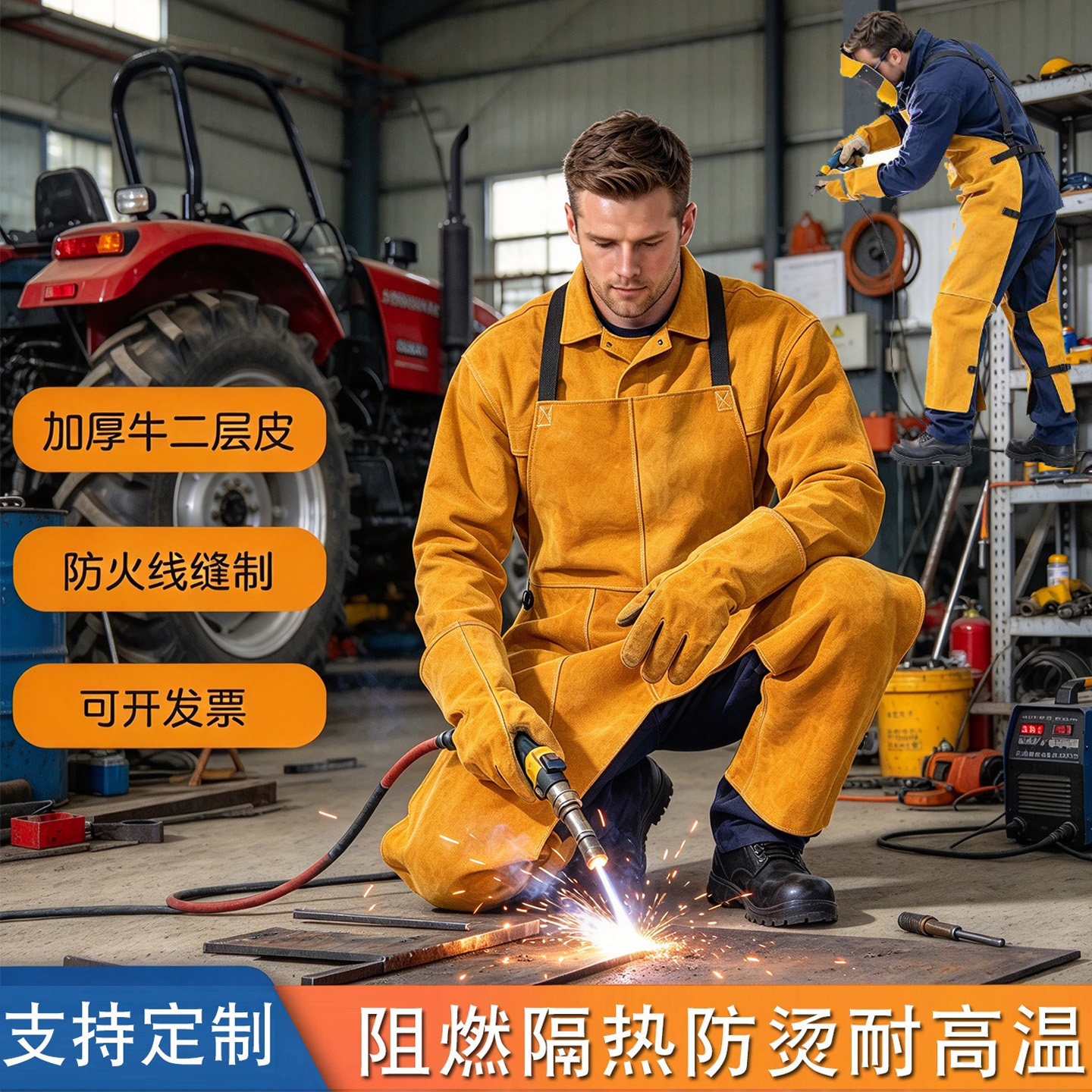 牛皮电焊阻燃服焊接防护服加厚防烫隔热耐磨阻燃工作服全皮背带裤