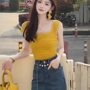 黄色方领无袖 新款 法式 网纱吊带背心女夏季 上衣 褶皱修身 显瘦短款