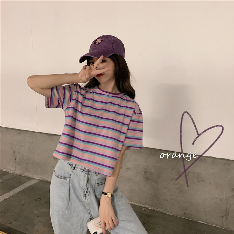 There are real price photos ~ round neck loose and versatile fashionable color matching stripe T-shirt in three colors