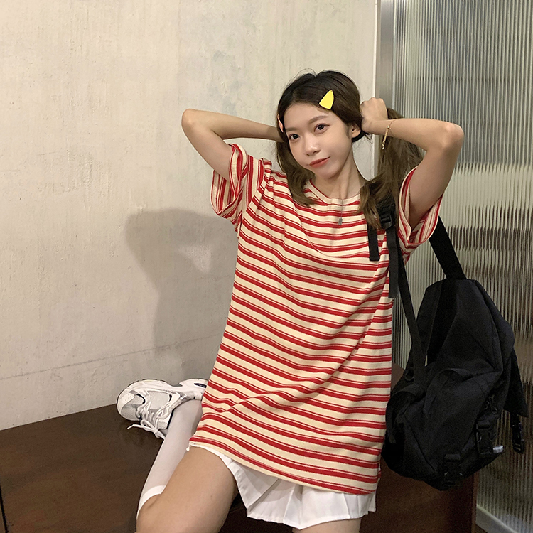 實價實拍~夏季百搭撞色條紋設計感寬鬆圓領短袖T恤