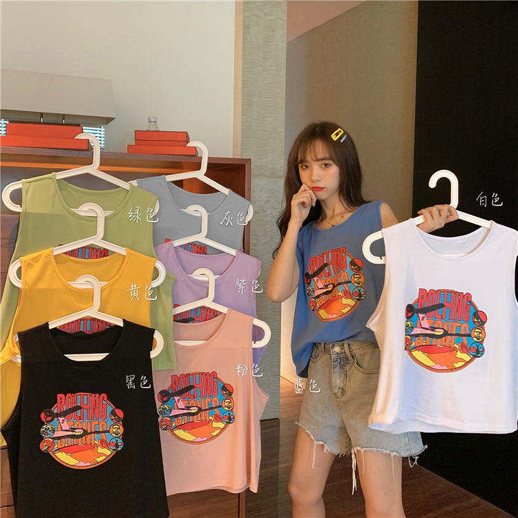 Real price real shooting - New Summer Fun printing Korean loose and versatile round neck vest in eight colors