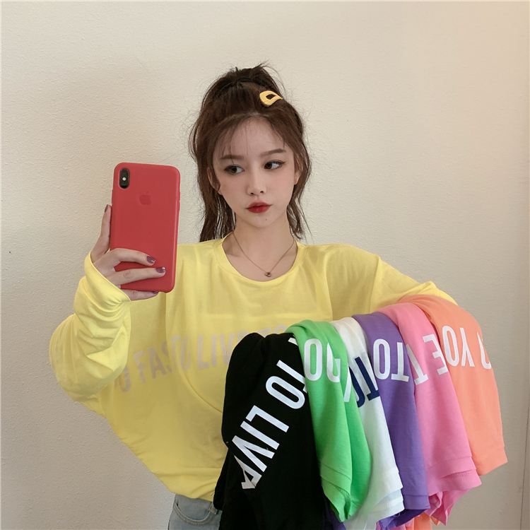 Real price real shot ~ versatile candy color front and back letter printing long sleeve sunscreen T-shirt 7 colors in