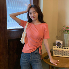 Real price photo ~ summer new Korean side drawcord design sense of versatile round neck T-shirt in six colors