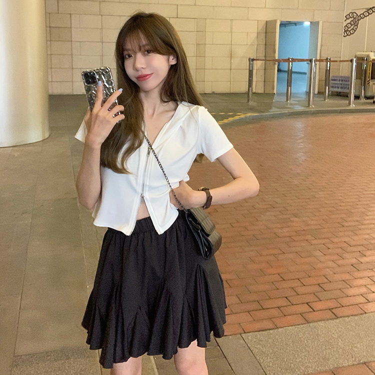 Real price real shooting - Summer versatile age reducing hooded zipper shirt + two piece design puffy skirt