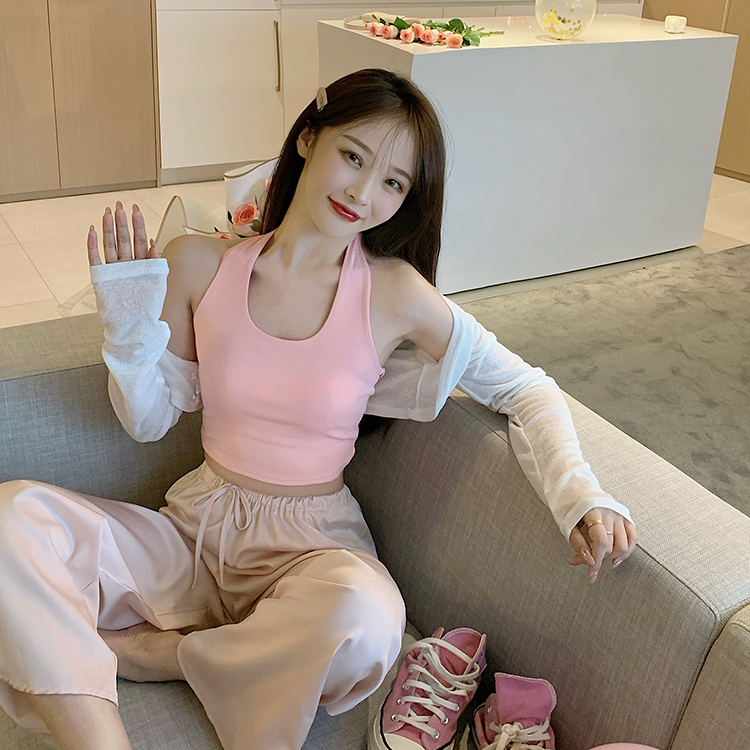 Real price real shot ~ versatile sexy open back hanging neck inside + thin cardigan + silky elastic waist pants