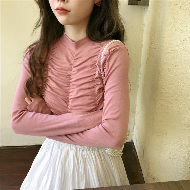 Controlled real price ~Korean version fold design feeling pure color long sleeve bottom shirt six colors