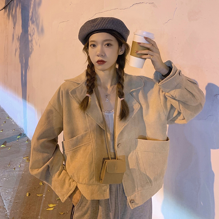 Real price shooting ~ Korean new trend cool and handsome Lapel corduroy jacket short coat woman
