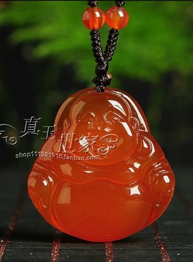 平安天然玛瑙笑佛红色项链护身符