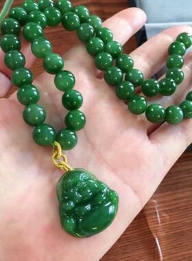和田色碧绿色玉佛吊坠帝王绿菠菜绿圆珠男女项链一套毛衣链新款