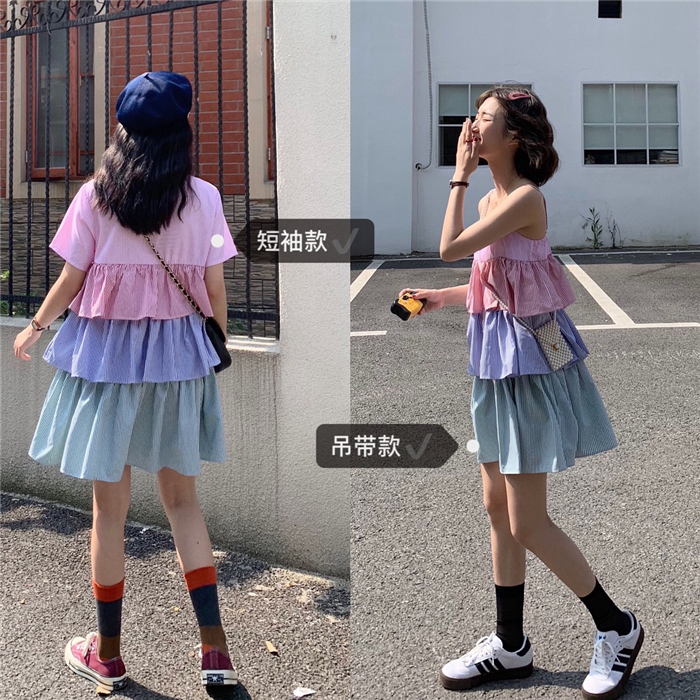 韩版夏装学院风软妹条纹撞色吊带连衣裙闺蜜姐妹款中长款蛋糕裙女(用0.55元券)