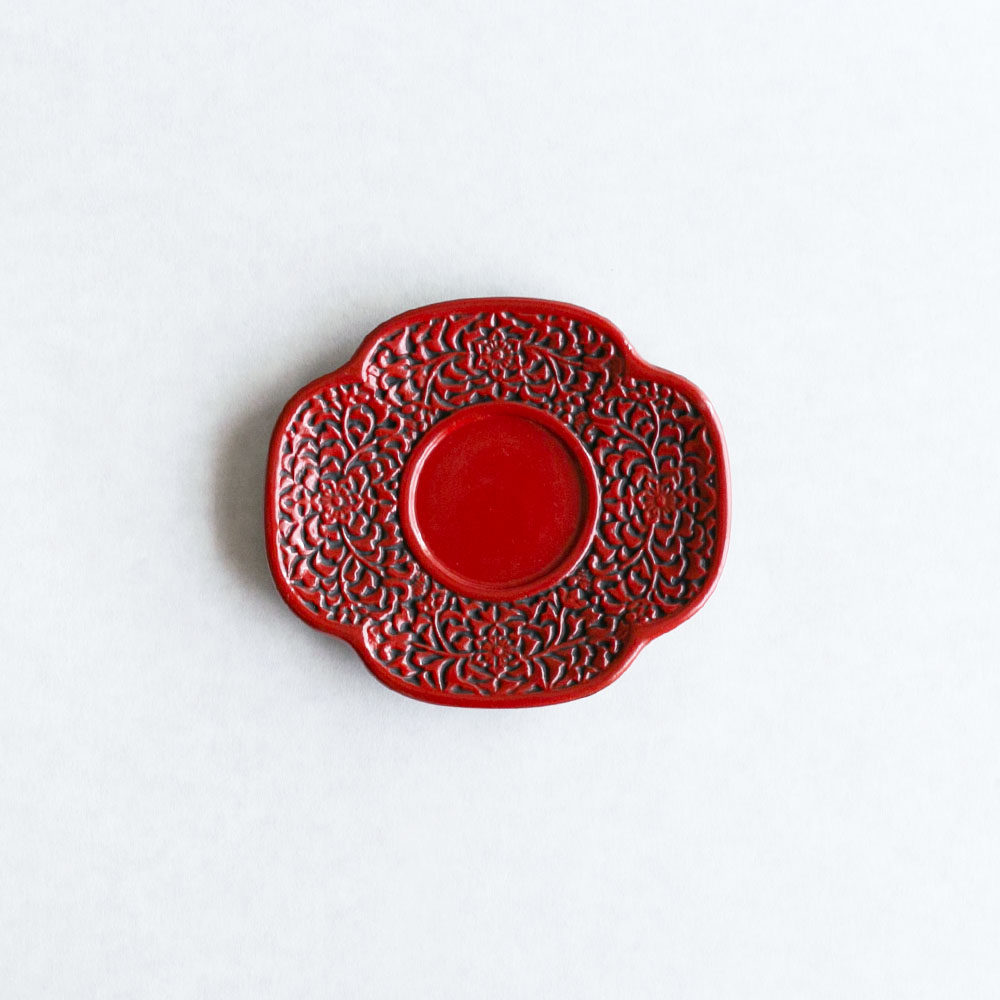 仙台堆朱 1930s 日本茶道具 手工剔红雕漆 古典梅型 杯托托碟