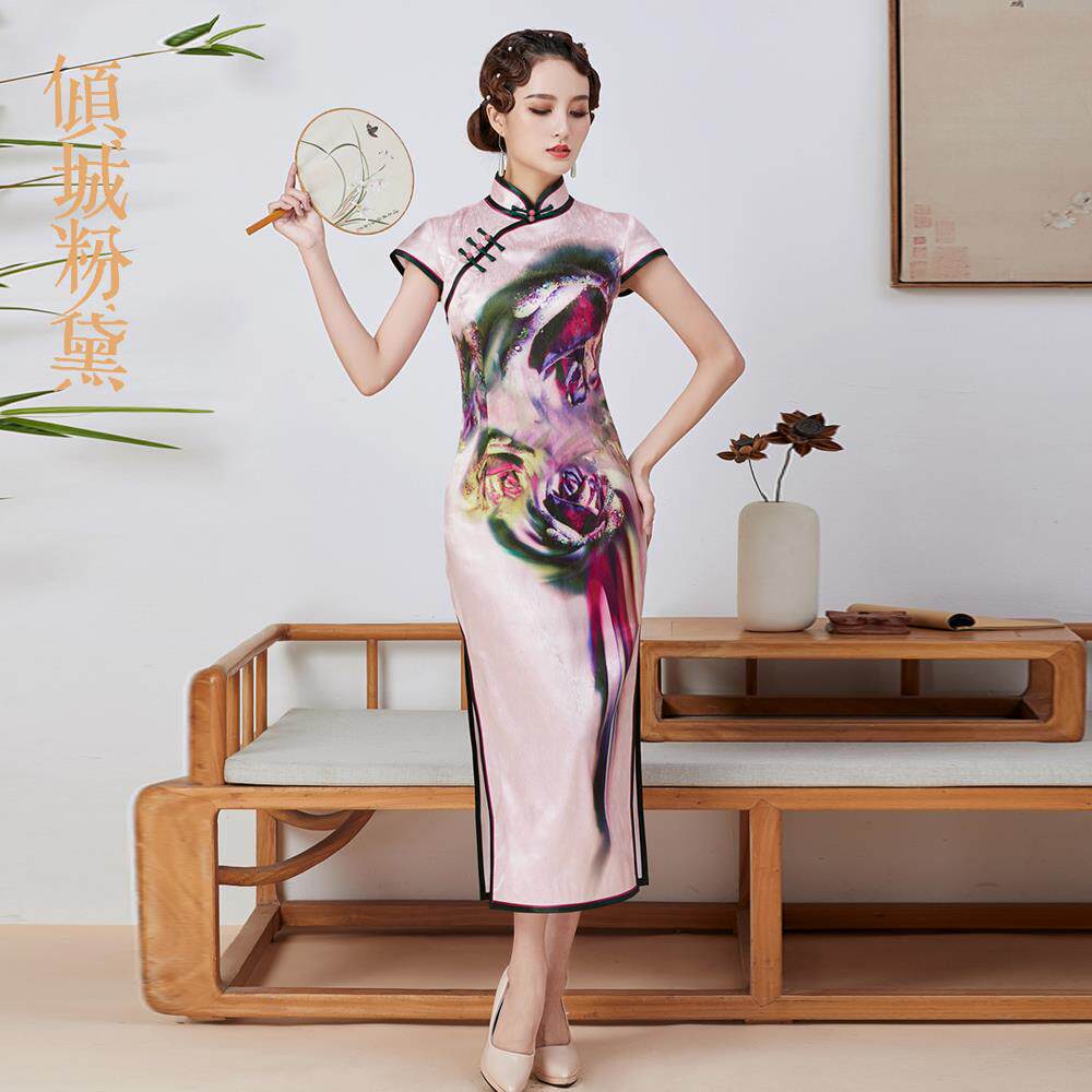 短袖复古风春季定位花旗袍优雅中长款花色礼服日常典雅新款连衣裙