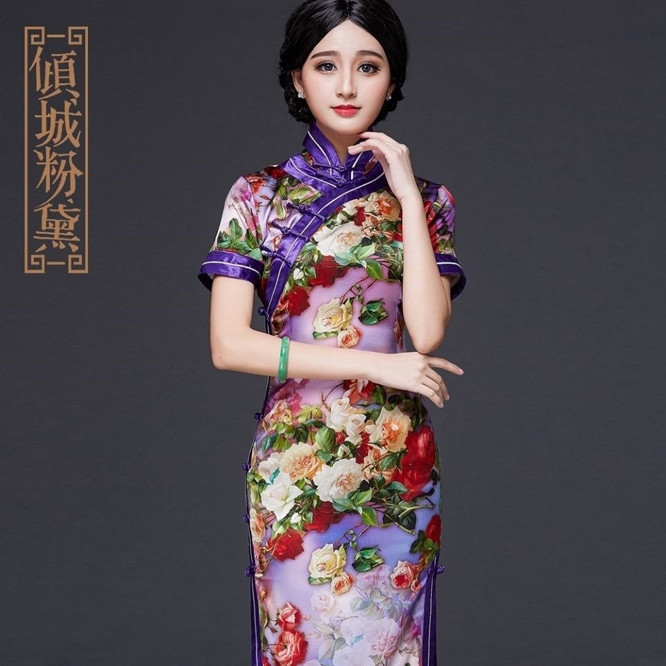 倾城粉黛定制新款时尚真丝中长款旗袍裙复古女士优雅奢华旗袍礼服