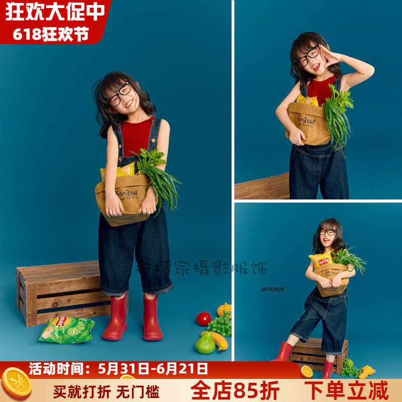 儿童摄影服装简约风蔬菜水果主题影楼女孩牛仔背带裤套装个性拍照