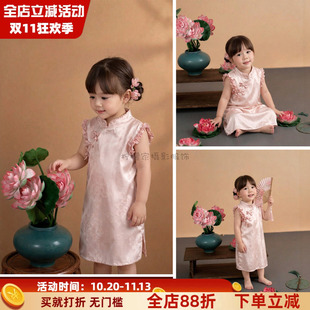 儿童新中式旗袍连衣裙荷花国风无袖花边汉服女童宝宝公主礼服
