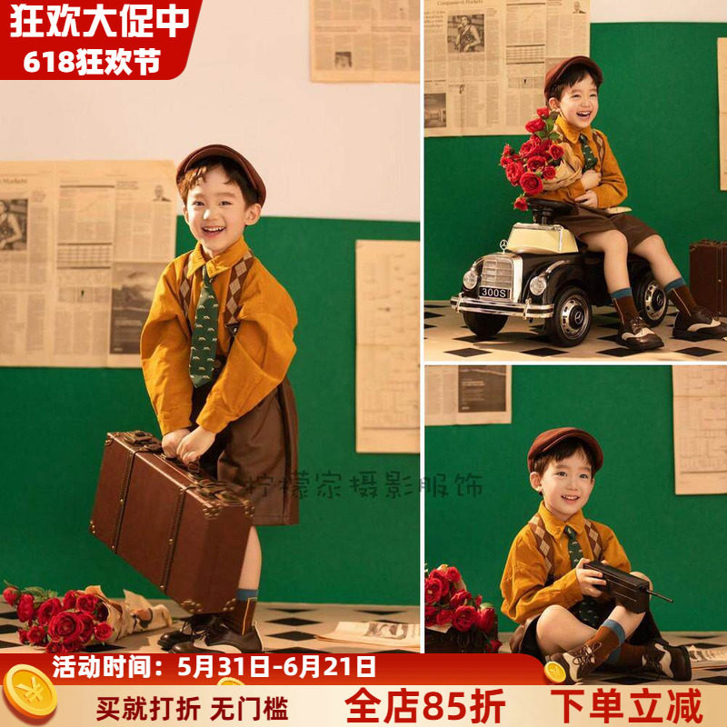儿童摄影服装复古油画港风个性走秀男童文艺衬衣皮裤影楼拍照套装
