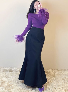 黑色时尚垂坠感鱼尾裙女春夏秋2025新款长款高腰高级感半身裙观