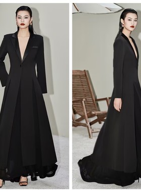 黑色高个子开叉加长款大衣西装风衣外套女高级感过膝垫肩修身西服