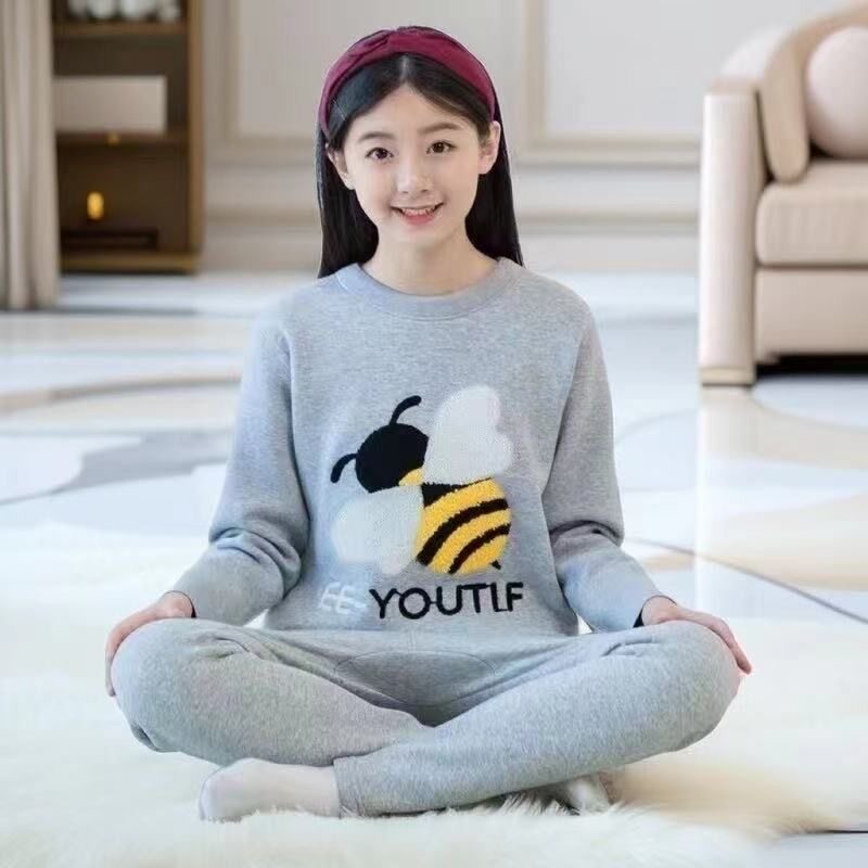秋冬季加绒加厚保暖套装女童大童少女卡通印花学生卫衣卫裤两件套
