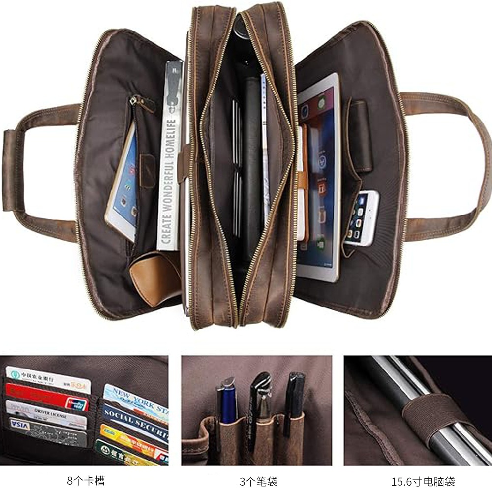 秋冬欧美疯马皮公文包 大容量男士商务通勤手提包头层牛皮斜跨