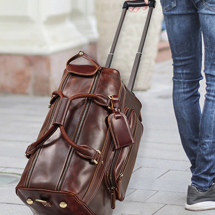 2026新款头层牛皮大容量带轮子行李包出差旅行拉杆包真皮复古手提