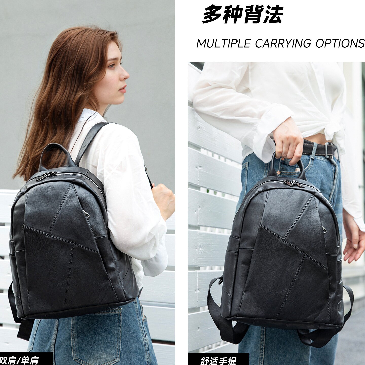旅行通勤热销头层牛皮双肩背包女高档休闲双肩包时尚牛皮拼接女包