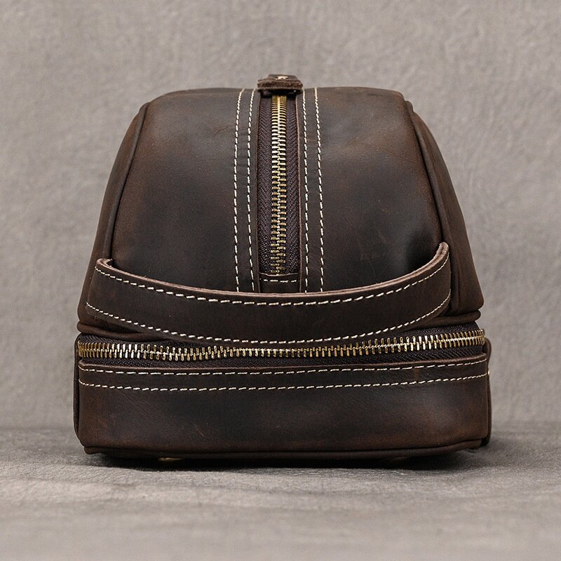 秋冬复古真皮男士手拿包疯马皮旅行洗漱包中性牛皮收纳化妆包