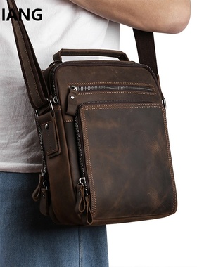 秋冬跨境男士单肩皮包复古疯马皮斜挎包休闲大容量背包感真皮男包