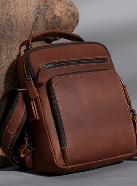 秋冬跨境简约男士斜挎包感通勤单肩包多功能休闲真皮疯马牛皮包包