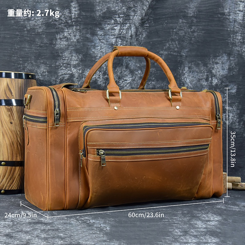 秋冬跨境新品24寸大容量疯马皮旅行包复古行李包头层牛皮手提